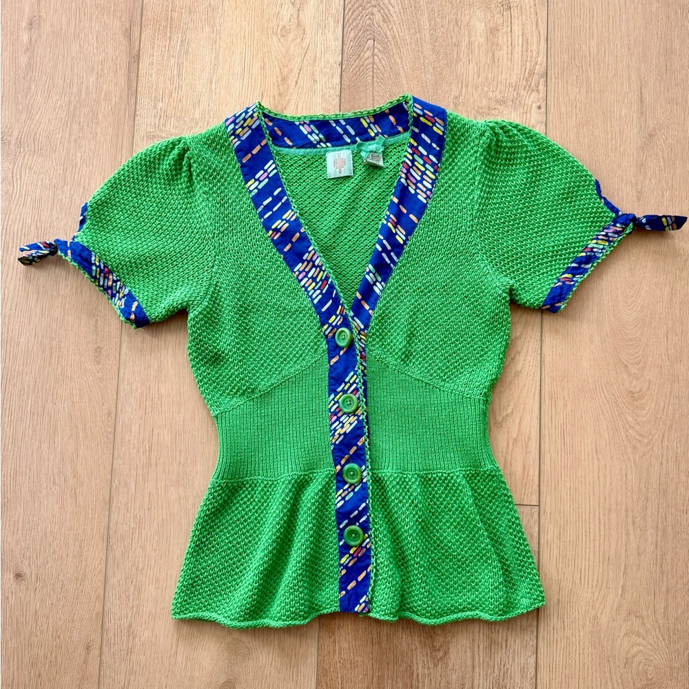 Anthropologie HWR Peplum Knit Green Blouse with Blue Trim